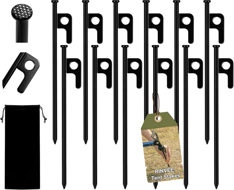 RINVEE 12 Pack Tent Stakes Heavy Duty Forged Steel Camping Stakes for Ground Outdoor Decorations Canopy - Image 1